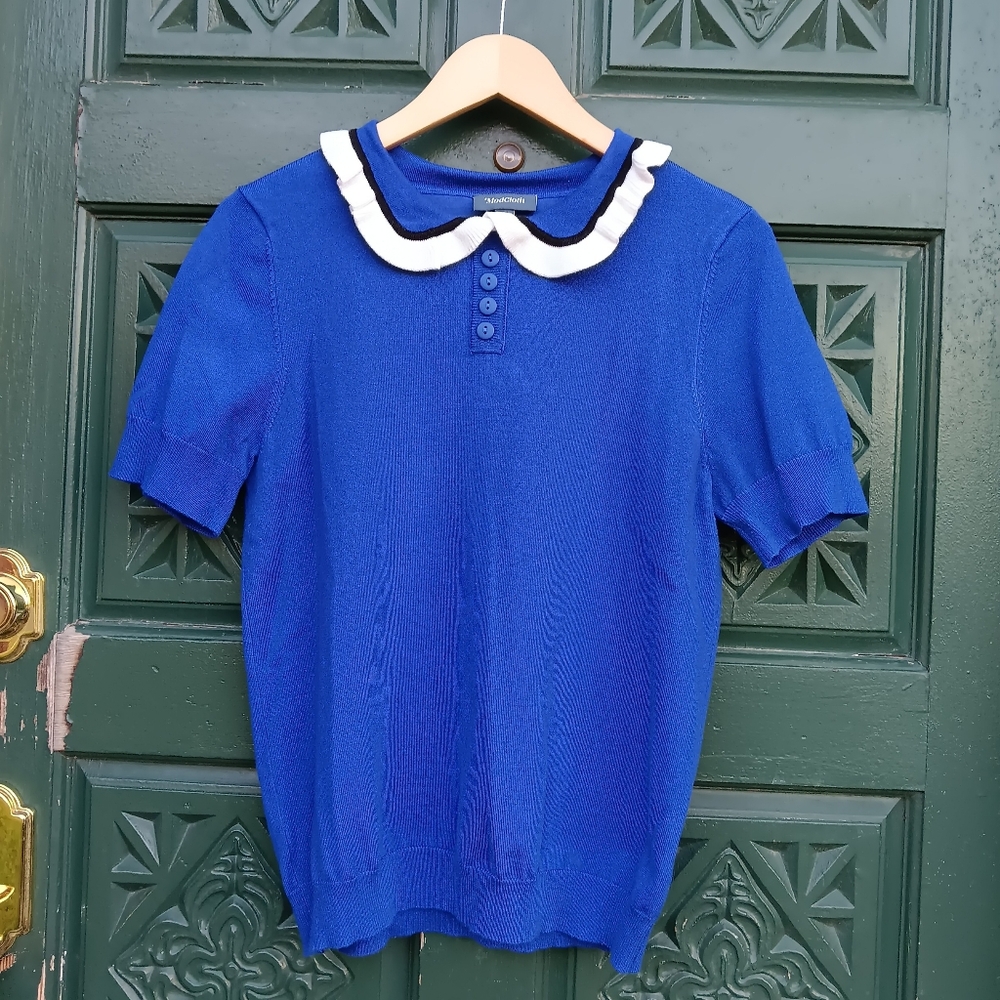 Modcloth Royal Blue Womens Sweater With White Ruffle Collar Detail